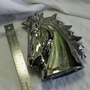 Decorative resin horse head figurine with chrome finish, detailed & stylized